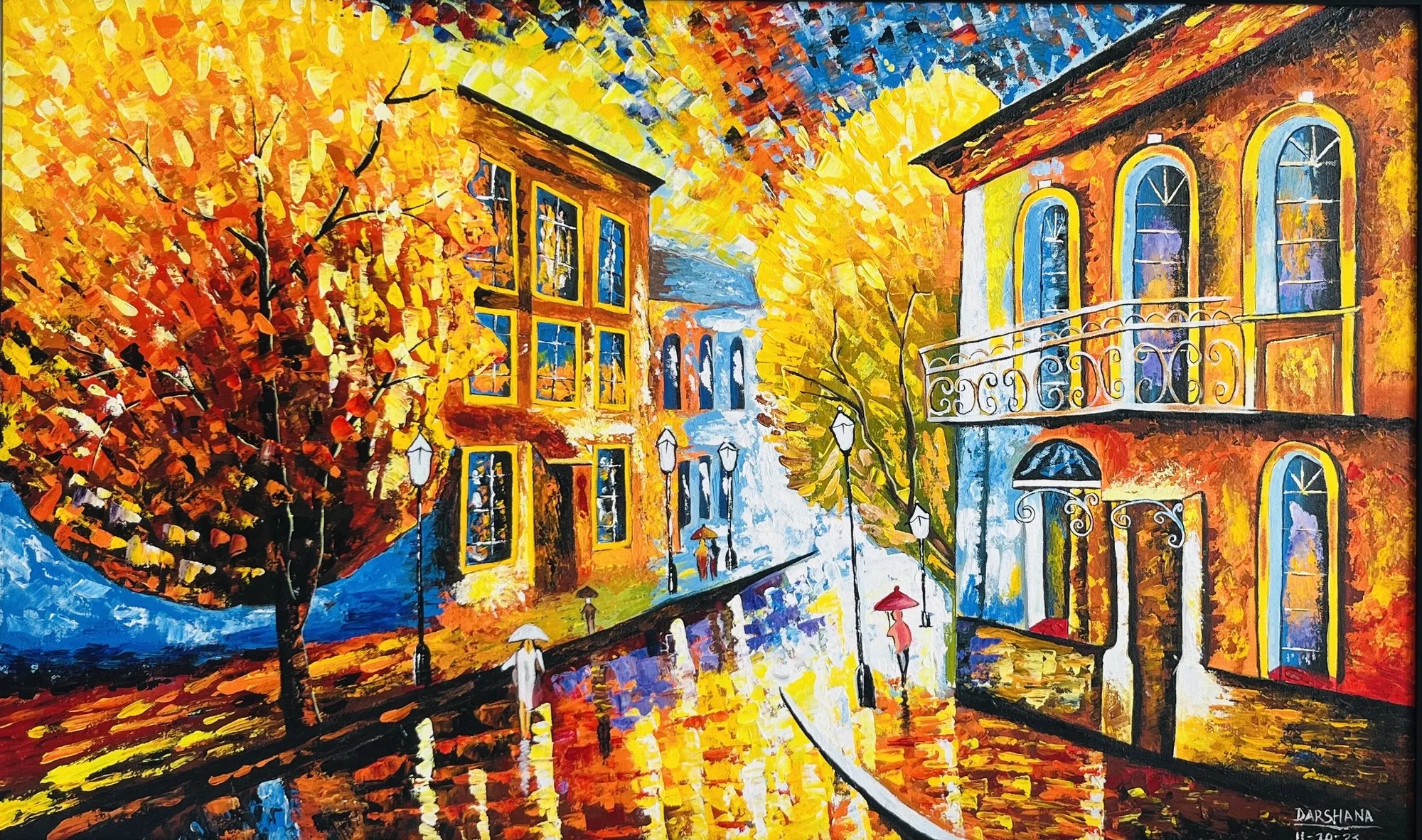 Painting of a rain-washed street by Darshana
